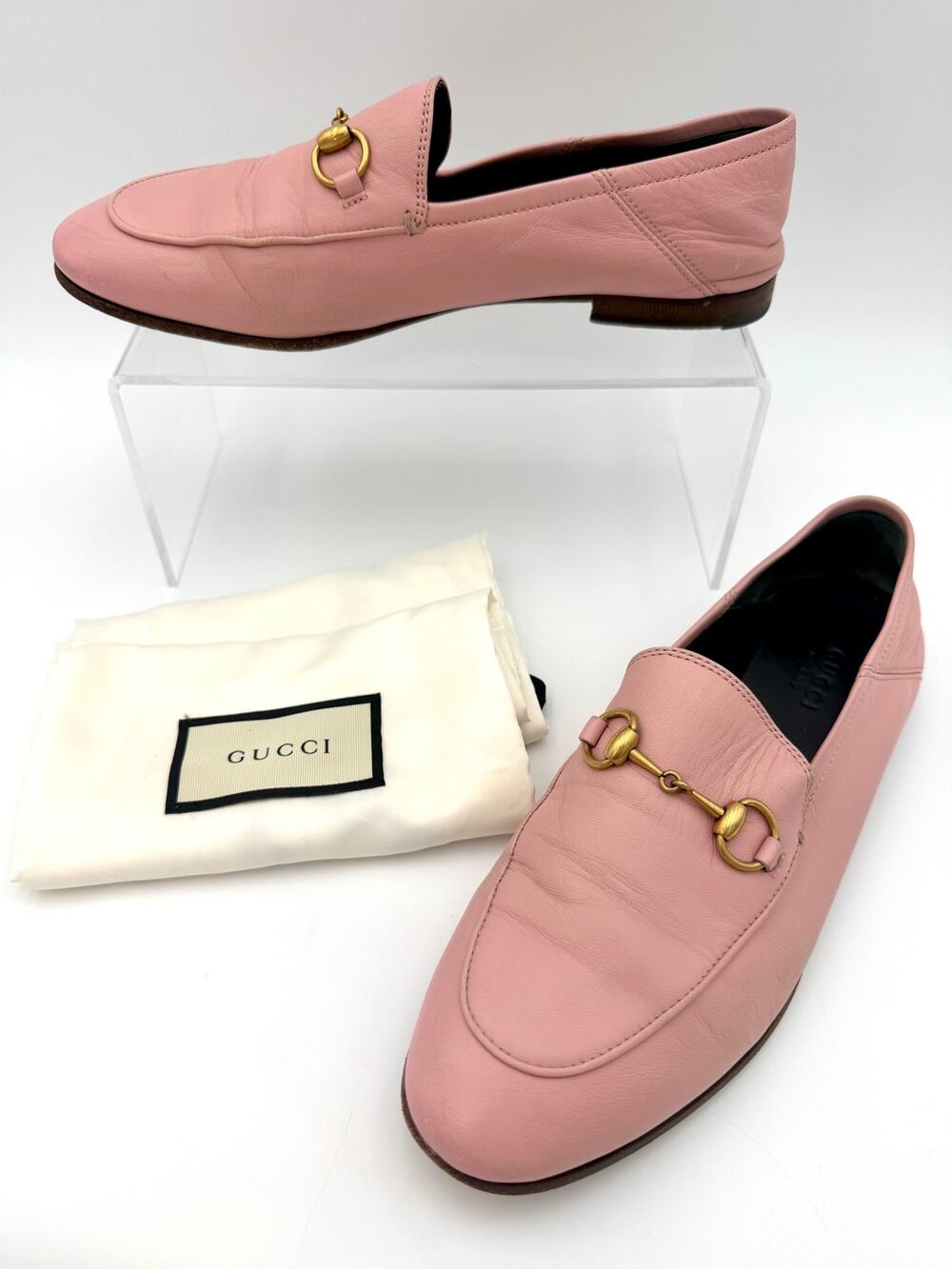 Authentic Gucci Brixton Loafers Pink Leather Size 37.5 / 7.5 Horsebit Mules